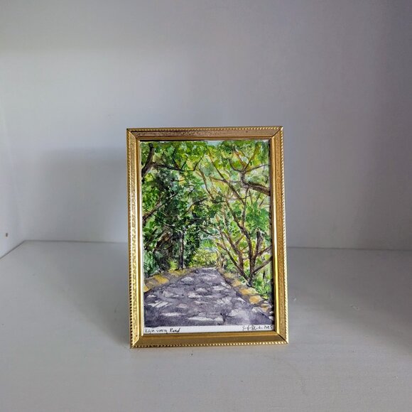 Kapa'a Quarry Road II- Sun Dappled Shady Trees Original Watercolor Brass Frame